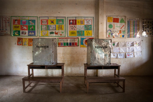 Voting booths in a public school ahead of national elections in rural Cambodia.