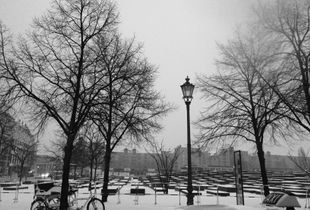 Memorial to the Murdered Jews covered in snow