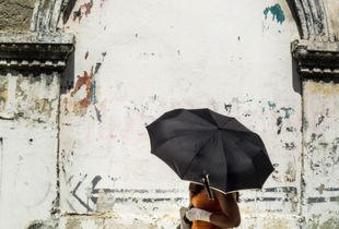 Black Umbrella, Hot Sun, Cartagena, Columbia