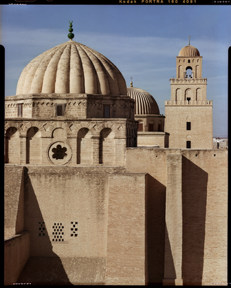 Minaret and dome of the Great Mosque (724, 836 AD) at Kairouan, Tunisia, 2018