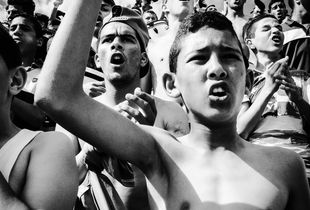 Young supporters of the RCR(Rapid Relizane Club) reacting to an action during a football match,Relizane,Algeria,2016.