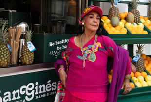 Colorful lady with fruits.