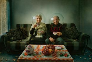 "Elegy of Autumn" -  a melody of autumn - a story about elderly couple living together all Life, each in his personal world, each with his own secrets. It's a story of people who live modest life, but with dignity. It's a story that has both — sadness and smile... In this artwork the spheres serve as metaphors for dissociation from the outside world and even from each other.  © Dina Bova