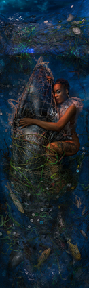 Electra from the Seven Sisters of the Pleiades from the series: Saving Grace - Electra rides the whale to the surface to remove the abandoned fishing net that is pulling the whale to its potential death at the bottom of the ocean. (Studio capture in a water tank/post processing / archival pigment print 150" x 46" / © 2018)