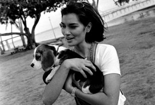 Brook Lee, MISS UNIVERSE® 1997, on the beach wth her dog, Maggie.  Ethnicity:  Hawaiian • Korean • Chinese • Dutch • English • French • Irish • Portugese ©2014, Stephen Shames
