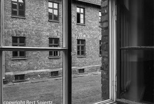 Auschwitz, view through a window in a barrack