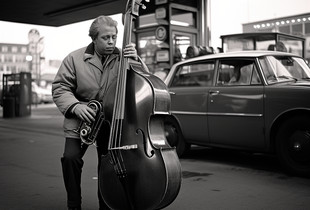 A man double bass player in front of a service station in Stockholm 1972