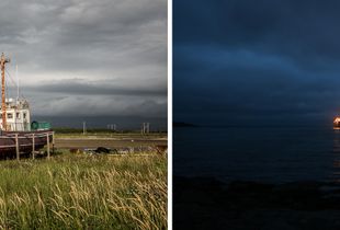 Cradled fishing boat, Parson's Pond (left); Oil rig, Bay Bulls.