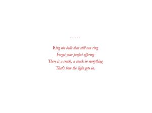 2015, inside text- bottom, greeting, excerpt from Leonard Cohen, "Anthem."