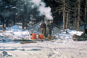 Self-portrait with Joe Shikapio, Chibougamau Lake, Quebec, 1974