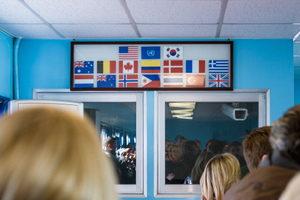 Tourists inside one of the conference buildings