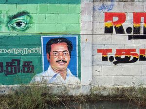 Eye and politician, west of Mahabalipuram, Tamil Nadu, 2010.