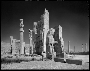 Western doorway and columns of the Gate of Xerxes (Gate of All Lands), Persepolis (518-330 BC). Fars Province, Iran, 2015.
