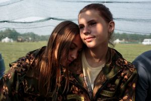 Nastya Gobritskaya (L, 15) from Moscow and Alina Klikova (R, 16) from Medin at the Historical-War Camp, in Borodino, Russia. 26 July 2016. The project statement of the camp says: "To awaken in the younger generation a keen interest in the history of the Fatherland, the glorious deeds of our ancestors, to facilitate the expansion of military-historical knowledge."