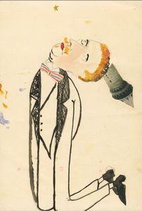 Erwin BlumenfeldKneeling man with tower1920Indian ink, ink, watercolor and collage on paper Collection Henry Blumenfeld © The Estate of Erwin Blumenfeld