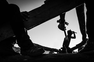 Workers rebuilding houses in Barpak, Gorkha District, in the epicenter of the 2015 earthquake which almost destroyed the entire village.