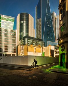 Lone cyclist, Fenchurch Street, London Lockdown, 2020