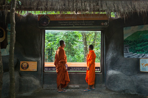 Cambodian Buddhist monks take a look inside one of the bear enclosures at Phnom Tamao Wildlife Rescue Center.