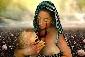 "Memory of the Future" © Dina Bova. A biblical motive of "Madonna with the child" in a modern context.  She is crying for a faceless humanity that history teaches nothing. There is a hint to that in the paradoxical title. Her children are creepy, blind, emotionally distorted, wounded,hating, screaming... but still her children that she gives compassion and ready to take their pain on her.