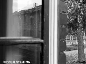 Auschwitz, view through a window in a barrack