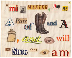 "Puss in Boots" rebus scrapbook by Helen Ardrey, page 3.