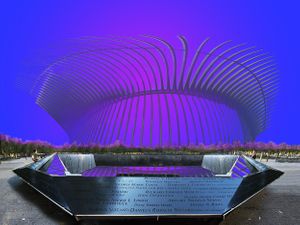 Compressed depiction of Memorial names with spherical skeletonized building.