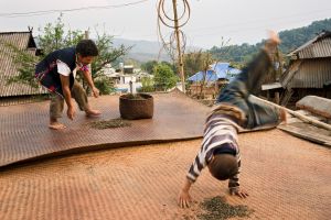 Lau Da, recently retired as the village leader of Baljalpashu, gathers up leaves that have been spread out to dry for the day on mats on the terrace of his house, as his youngest son practices somersaults. © Michael Freeman