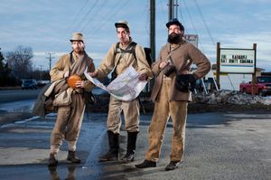 Jeffro Moye, Kirkwood Hall, and Robert Lee Hodge near Massaponax Church on the Old Telegraph Road, the Crossroads of the Civil War, 2010.
