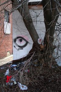 © Nicholas Gregory.     Weeping graffiti reveals Detroit's tough exterior and fragility. Expressions of resilience and grief can be found all over the city.