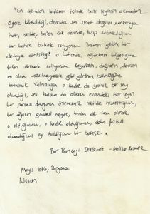 A note from Nesrin on parchment paper.