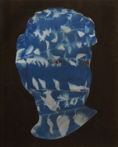 Helen with Campanula Rotudifolia (Harebells) cyanotype impression, 2011, from the series Natural History. Unique cyanotype on archival pigment print, 16” x 20”