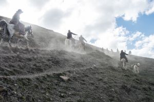 A horse caravan makes its way through the mountains. Upper Dolpo, Nepal, June 2017.