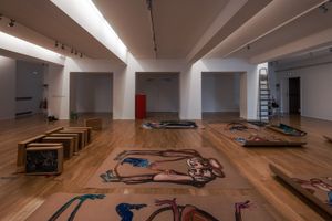 The preparation of the exhibition by the artist Cristina Valadas