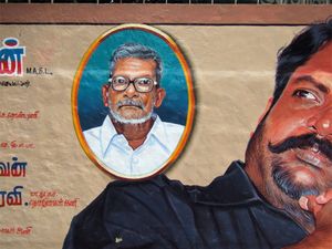 Oval framed politician, Madurai, Tamil Nadu, 2010.