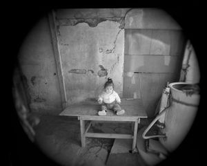 Baby on table, front porch