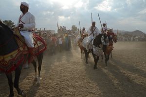 Riders skirt the crowd lines returning to the corralling point for further charges. Tissa, Morocco