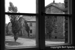 Auschwitz, view through a window in a barrack