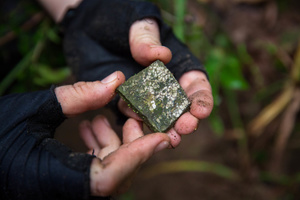 A piece of Kulen ceramic found near an ancient crossroad in Phnom Kulen. Siem Reap Province, Cambodia.