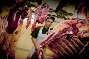 Apprenti boucher dans abbatoir privé. Butcher apprentice in a private slaughterhouse; Vaulruz