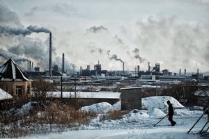 Plowing snow in Termirtau, Kazakhstan