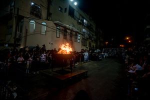 Members of the Karlin hasidic court watch the Lag ba'Omer fire