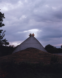 Two boys in qamis taking a selfie on top of a concrete pyramid // Georges-Valbon Park- La Courneuve // August 2019