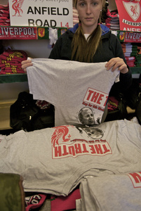 Gift shop with the 'two headed janus' Kelvin McKenzie next to the Hillsborough Justice Campaign office. Anfield Liverpool 13 May 2007.
