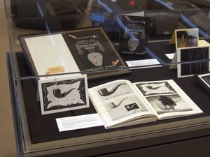 UW-Madison Kohler Art Library, installation view, 3rd case, left side: LK "About Time" cards & their sources exhibit, 2005.