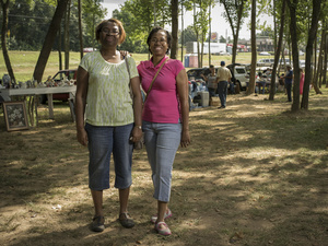 Connie Peebles from Harves, Alabama and Cynthia Coleman from Austell, Georgia are customers at the Jefferson Junction Flea Market in Perdergrass, Georgia on August 1, 2015.