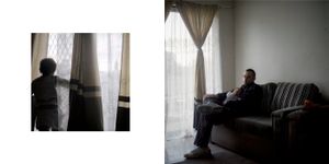 Baby Shane peeks through the curtains as he watches cars pass by. In trying to shelter her children from some of the devastating impacts of substance abuse in her community, Rowrow also faces social isolation.