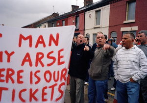 Liverpool supporters protest at cost and availability of tickets, before the match with Charlton Athletic. Anfield, Liverpool. 13 May 2007.