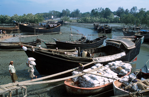 Man unloading rice from Sampan, Moheskhali island, near Cox's Bazar, Bangladesh