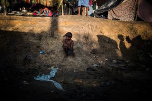 The Rohingya Refugee Crisis. A refugee boy on the road, somewhere between the many camps near Ukhia and Teknaf, Bangladesh.