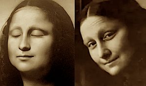Mona Lisa - recreated as photography using AI (left) and detail of AI Mona Lisa posted by lensartny (right)